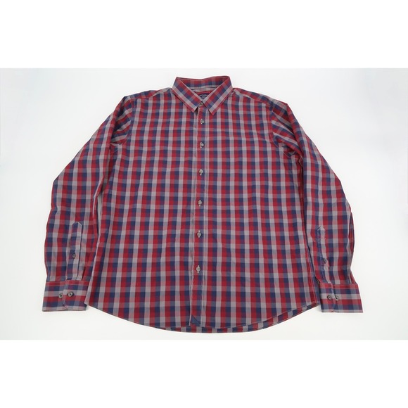 UNTUCKit Mens XL Slim Red Navy Checks Gingham Button Front Wrinkle Free Shirt - Picture 2 of 10